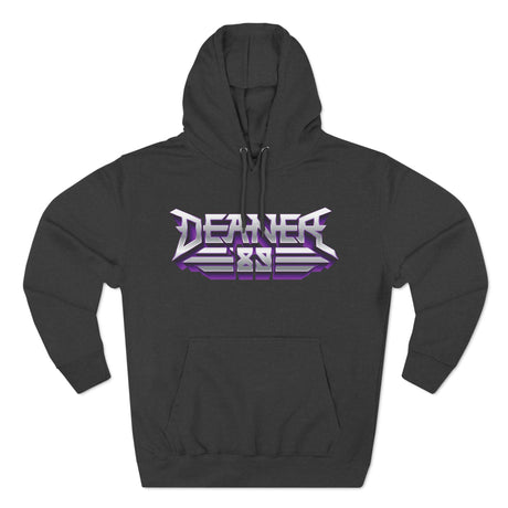 Black Deaner '89 Logo Hoodie with bold chest graphic in purple and metallic silver, available in sizes S to 2XL.