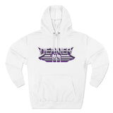 White Deaner '89 logo hoodie with bold chest print for rock style enthusiasts, available in sizes S to 2XL.