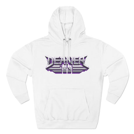 White Deaner '89 logo hoodie with bold chest print for rock style enthusiasts, available in sizes S to 2XL.