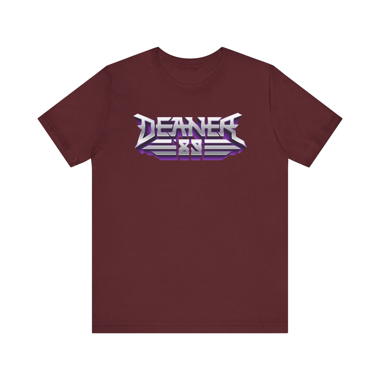 Deaner '89 Logo Tee in maroon with striking white and purple graphic design