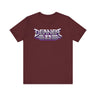 Deaner '89 Logo Tee in maroon with striking white and purple graphic design