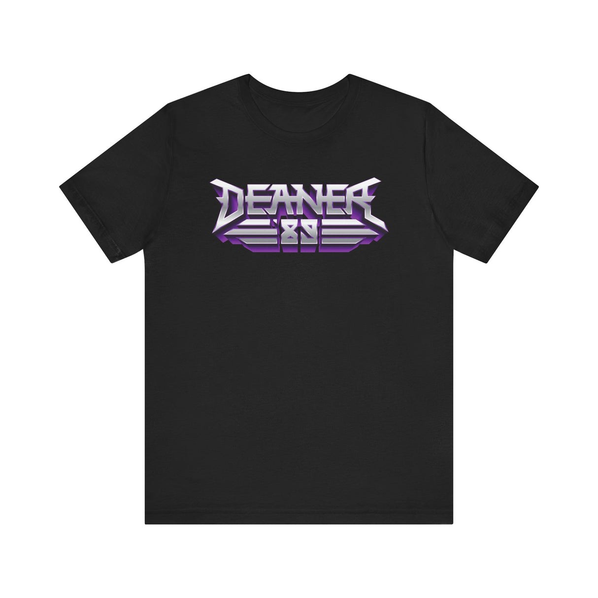 Deaner '89 Logo Tee in black with bold purple and white graphic design