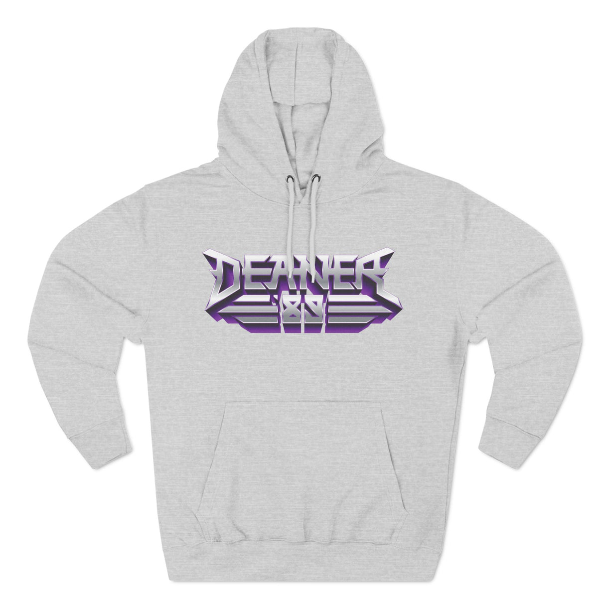 Deaner '89 Logo Hoodie in light gray, displaying bold purple and white logo, representing the rock lifestyle. Available in sizes S to 2XL.